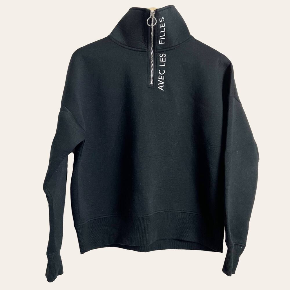 Avec Les Filles Black Quarter Zip Stand Collar Long Sleeve Pullover Sweatshirt S